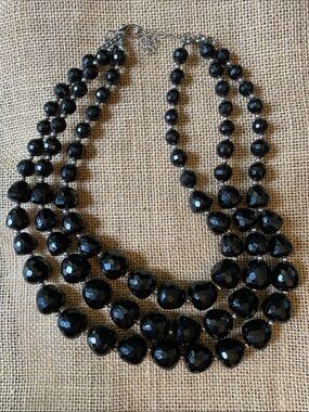 Mid Century Modern Triple -Strand Black Faceted Lucite Beaded Necklace